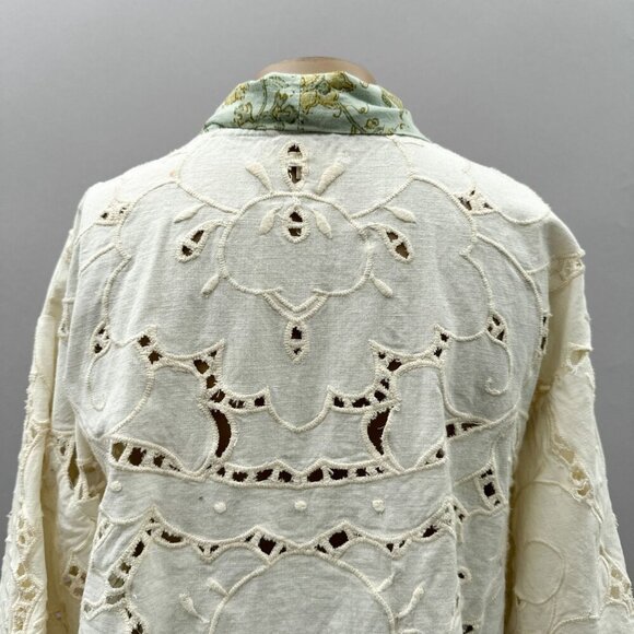 Anthropologie Floreat Boho Lace Kimono Laser Cut Linen Cotton White Green‎ OS - Picture 6 of 14